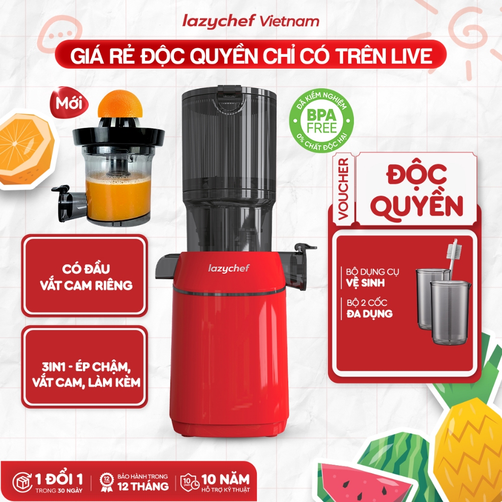 Máy Ép Chậm Nguyên Quả Vắt Cam Premium Max 3S Lazychef, Máy Làm Kem, Bảo Hành Chính Hãng 12 tháng