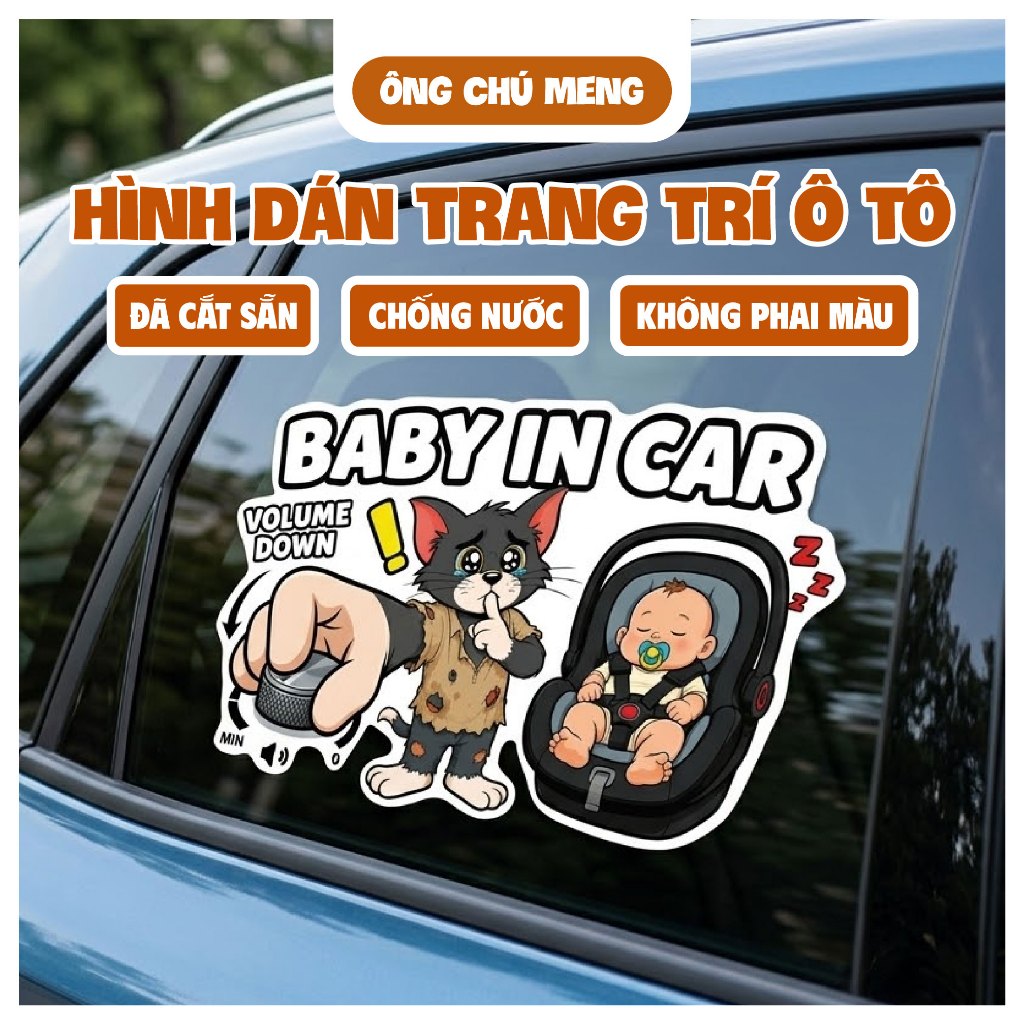 Dán Xe Oto Mẫu Chữ BABY IN CAR chống nước, dán xe oto, trang trí Oto, Decal Dán Xe Cute Tom Và Jerry