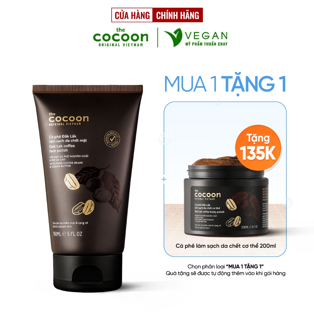Tẩy Tế Bào chết Cà phê Đắk Lắk làm sạch da chết mặt cocoon 150ml - VEGAN mỹ phẩm thuần chay