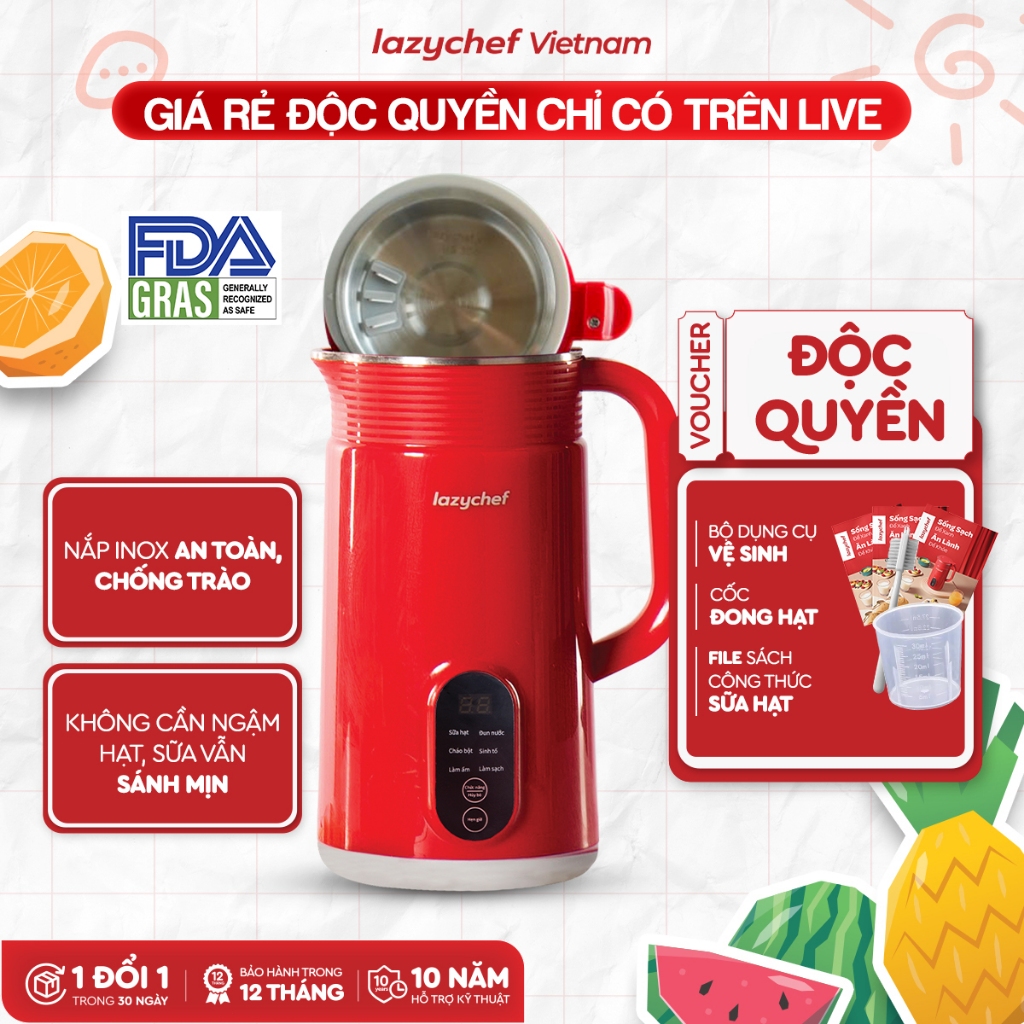 Máy Làm Sữa Hạt Đa Năng Lazychef, Máy Nấu Cháo Chậm, Máy Nấu Sữa, Máy Đun Nước, Bảo Hảnh 12 tháng VH
