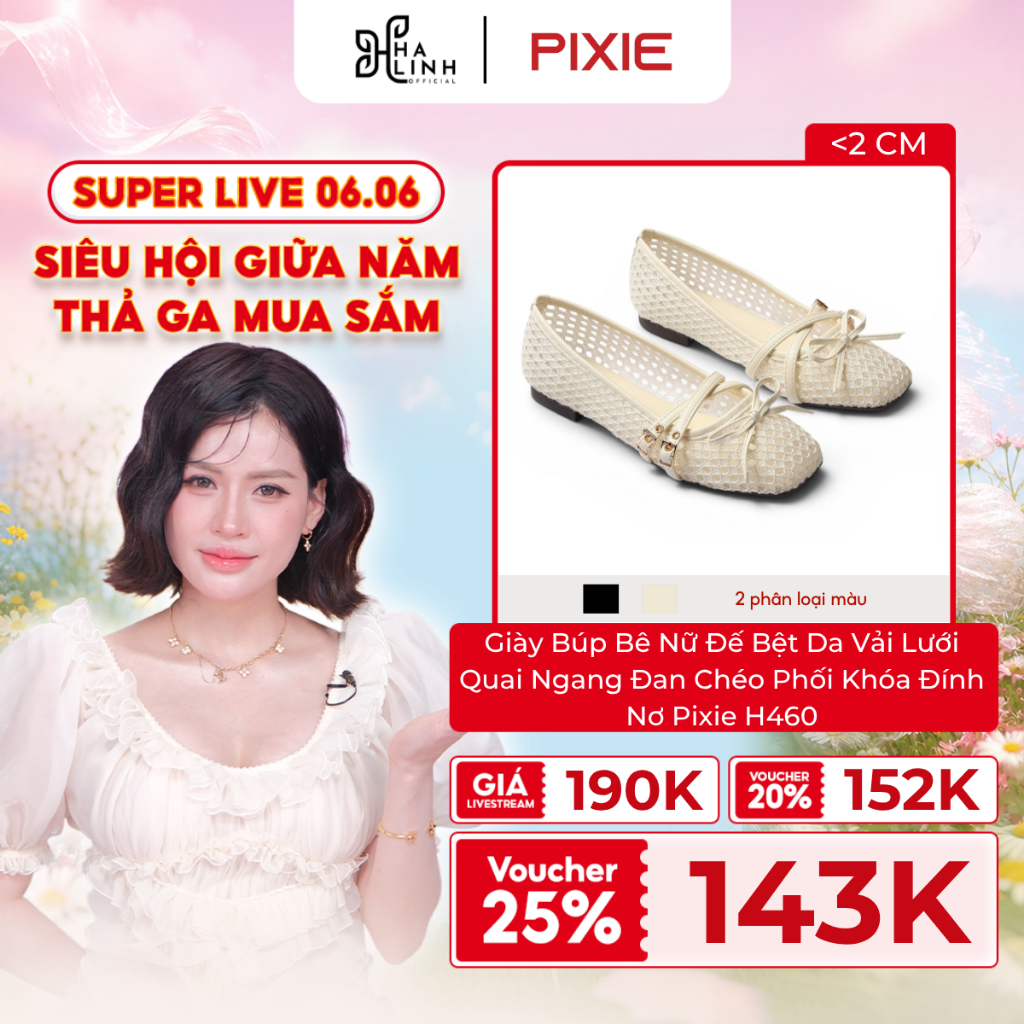 [Võ Hà Linh x Pixie] Giày Búp Bê Nữ Đế Bệt Da Vải Lưới Quai Ngang Đan Chéo Phối Khóa Đính Nơ Pixie H