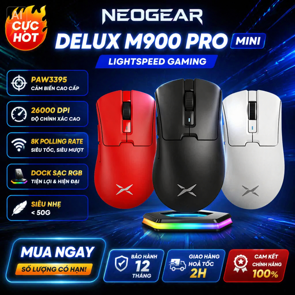 [⚡Cực Hot] Chuột Gaming Không Dây Delux M900 PRO Mini Cảm Biến Paw3395 | 26000 DPI | Dock Sạc RGB 8K