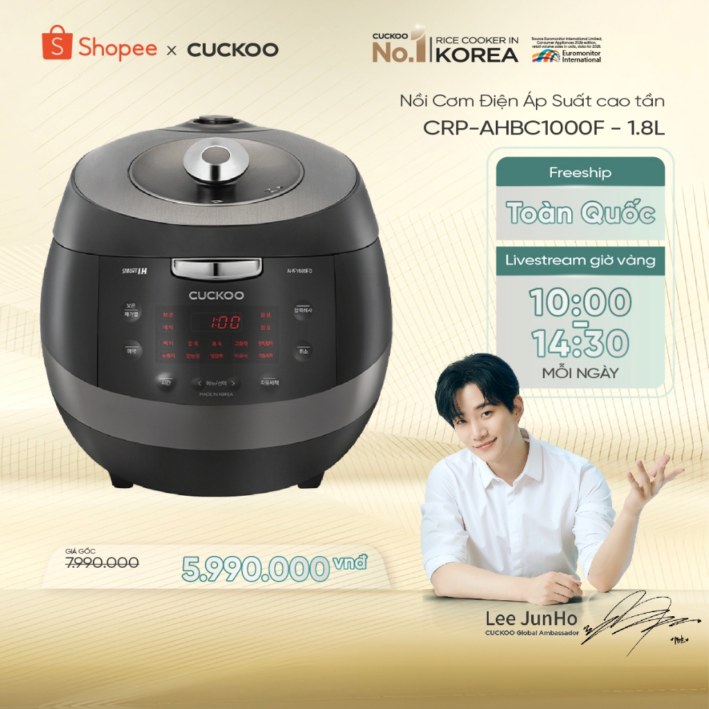 Nồi Cơm Điện Tử Áp Suất Cao Tần Cuckoo 1.8 Lít CRP-AHBC1000F- Lòng nồi X-Wall Black cao cấp- bảo hành 1 năm