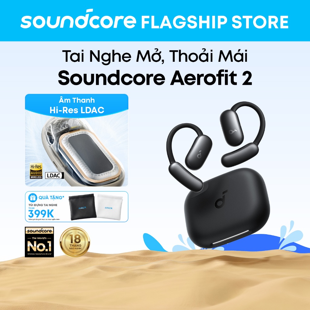 Tai nghe bluetooth kẹp tai soundcore AeroFit 2, âm thanh Hi-Res, có thể điều chỉnh theo kích thước tai, đeo êm ái