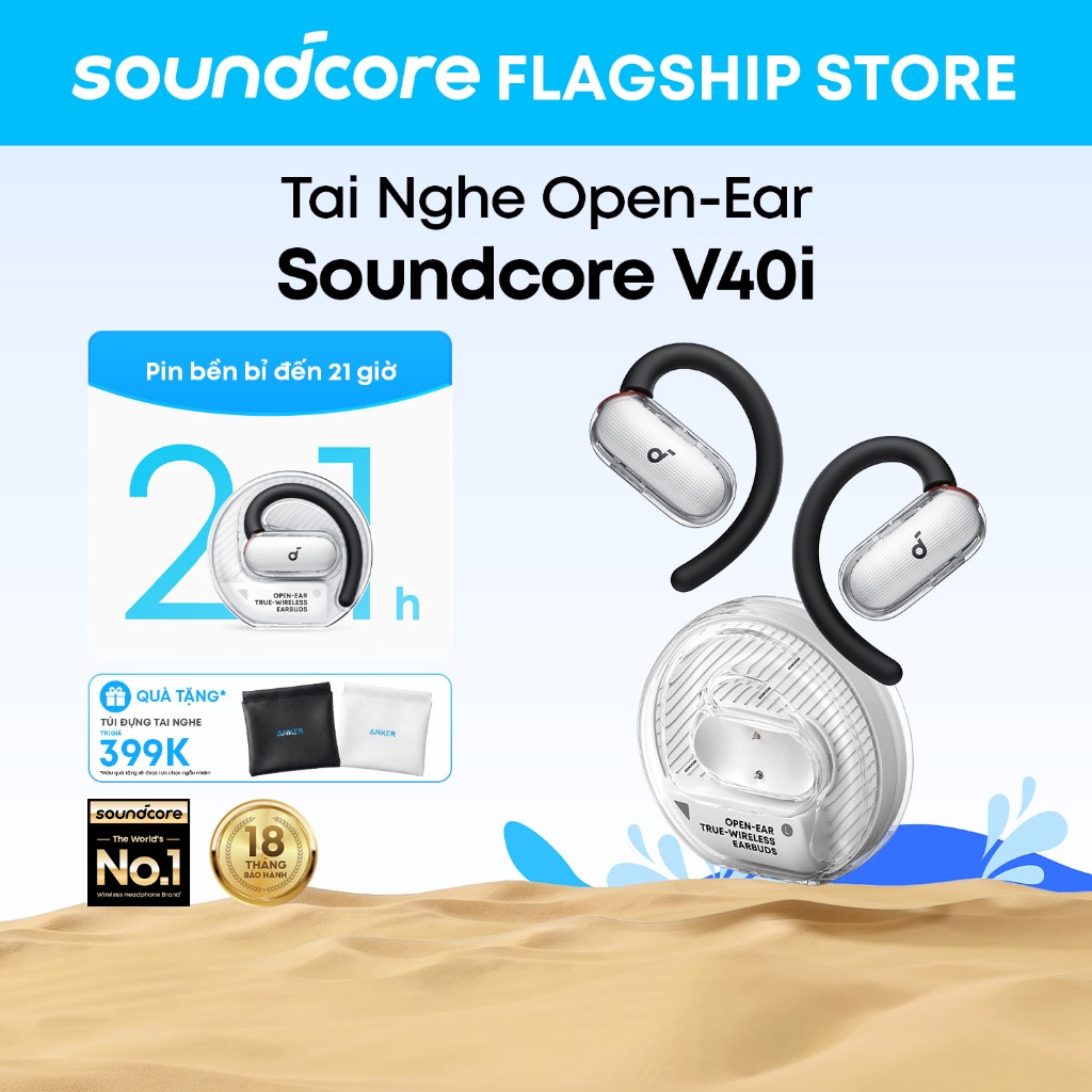 Soundcore V40i, Open-Ear Headphones, Clear Design, Lidless Case, 4 Adjustable Positions for Every Ear Size, Ric