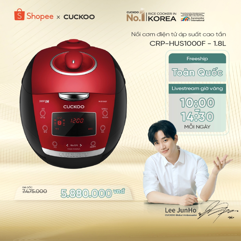 Nồi cơm điện tử áp suất cao tần Cuckoo 1.8 lít CRP-HUS1000F màu đỏ- lòng nồi chống dính cao cấp phủ 