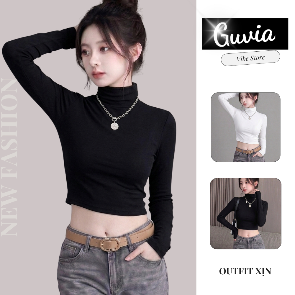 Áo Croptop Nữ Tay Dài Cổ Lọ Borip thoáng mát ôm body, Áo Thun Croptop Cổ Cao Kiểu Sexy GUVIA CR28