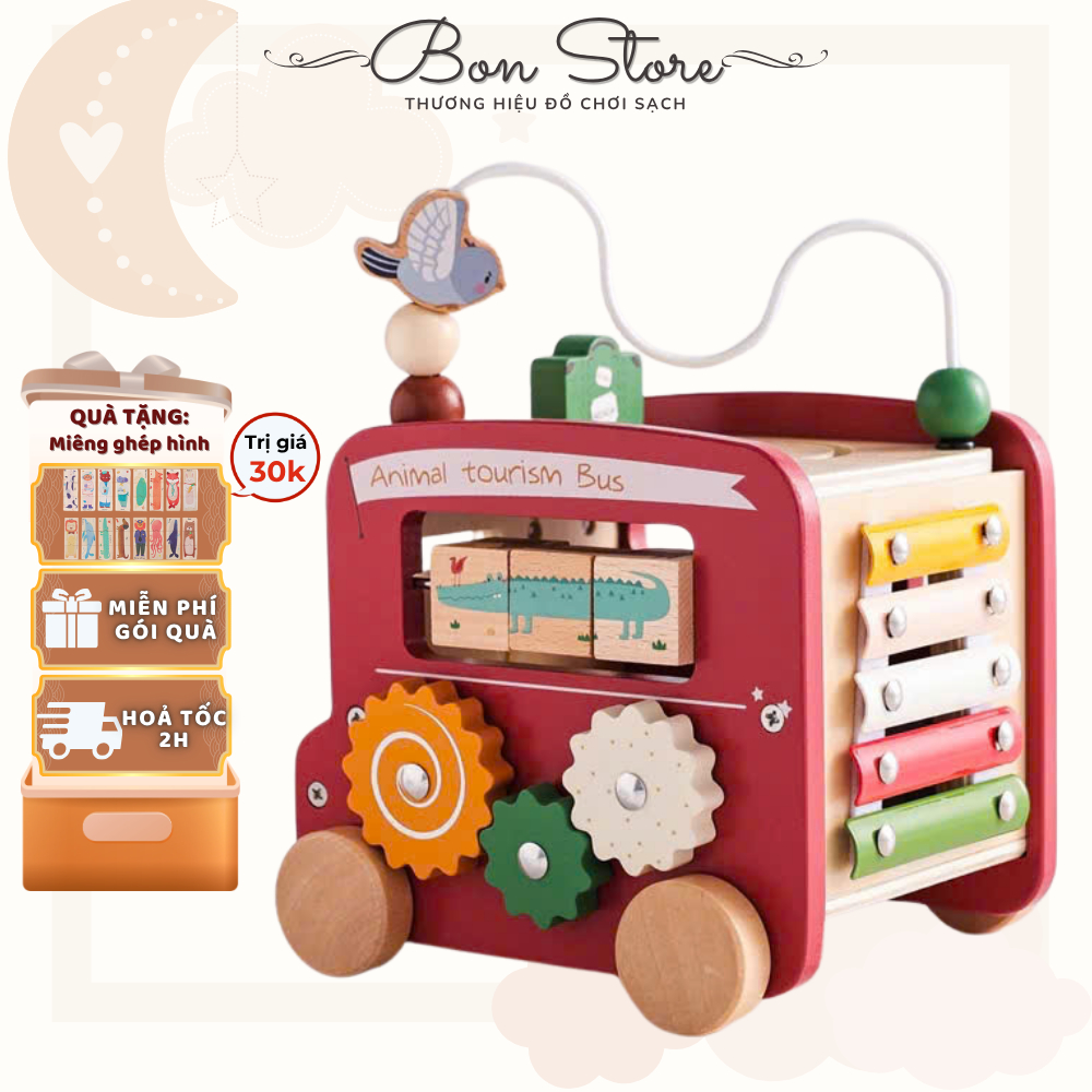 Đồ Chơi Hộp Bận Rộn Busy Box Kem Gỗ 6 in 1 Đồ Chơi Nhận Thức Giáo Dục Sớm Montessori Cho Trẻ Em Từ 1