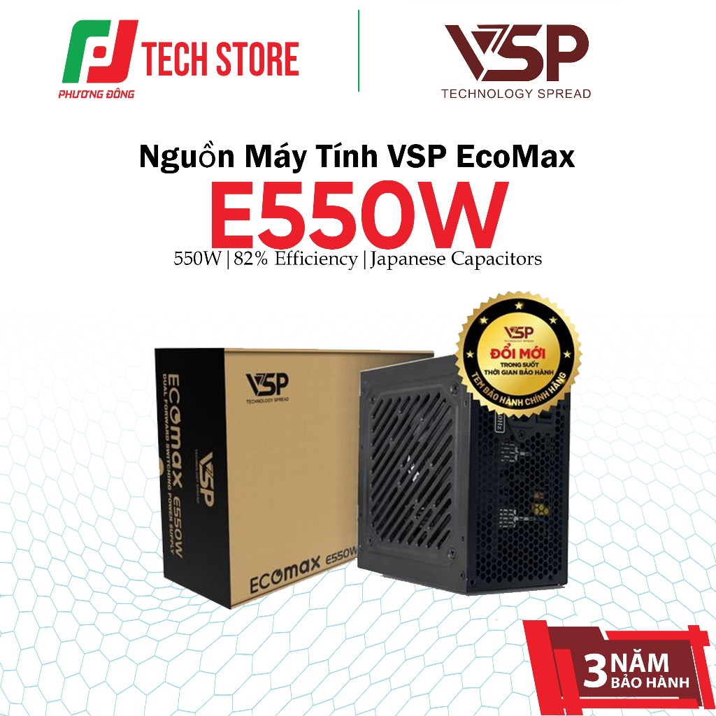 Nguồn Máy Tính VSP EcoMax E550W 550W  82% Efficiency Japanese Capacitors | Chính Hãng | Bảo Hành 36 