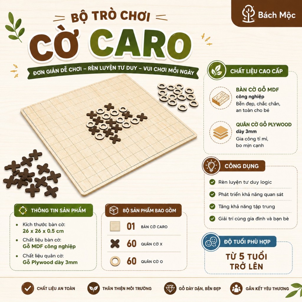 Bàn Cờ Caro - Bộ Trò Chơi Trí Tuệ - Trò Chơi Dân Gian Bằng Gỗ Nhà Bách Mộc