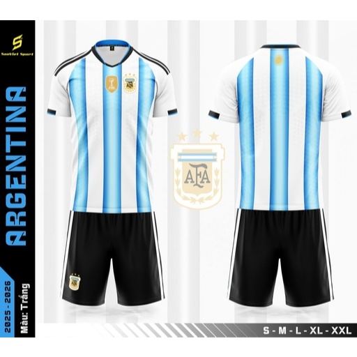 Quần áo bóng đá tuyển Argentina Logo Thêu 3* , Bộ quần áo đá banh đội tuyển Argentina 3 sao Thun Lạn