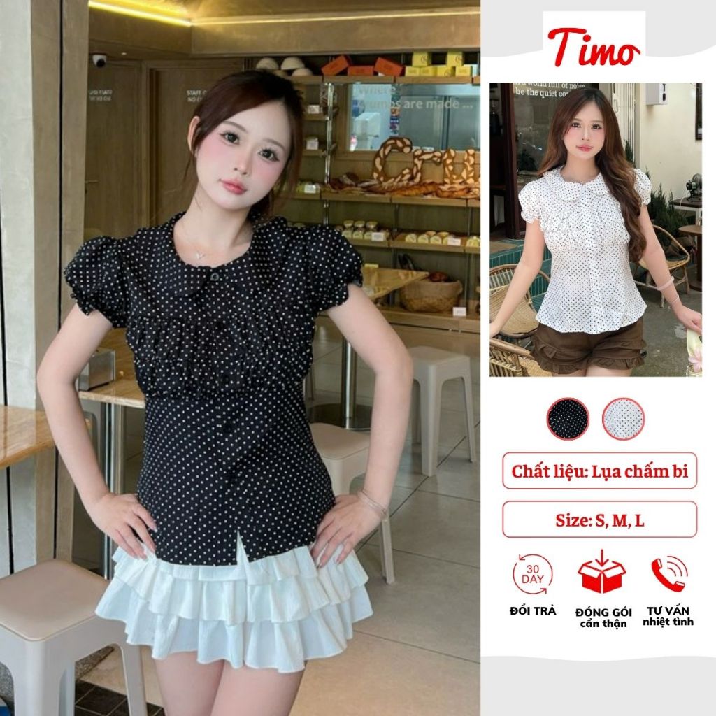 Áo sơ mi nữ chấm bi cổ sen bẻ tay phồng dáng ôm hack eo mặc đi làm đi chơi xinh xắn (kèm quà tặng) AOT124