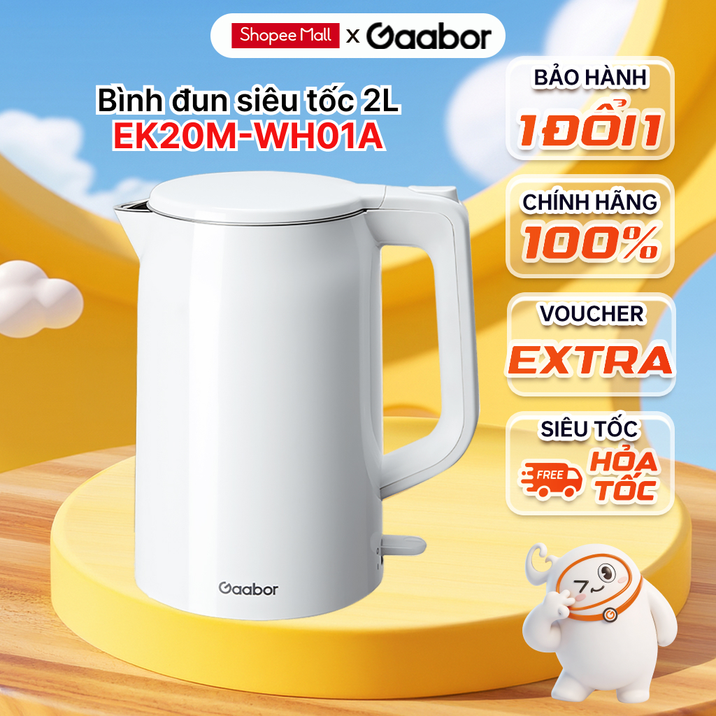 Ấm đun siêu tốc Gaabor EK20M-WH01A dung tích 2L 1500W lòng ấm inox 304 đúc nguyên khối