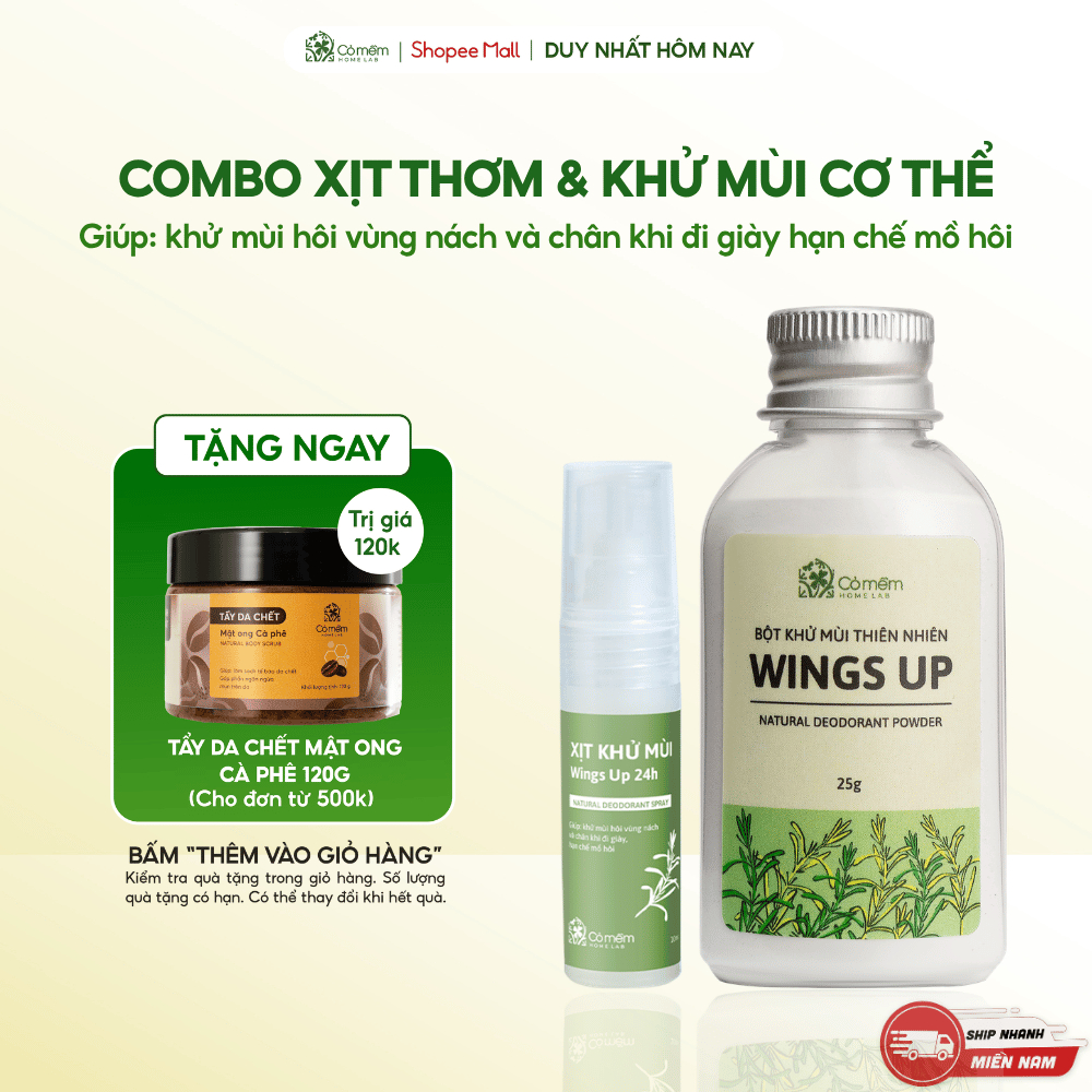 Combo Bột Khử Mùi Wings Up Và Xịt Thơm Khử Mùi Hôi Kháng Khuẩn Cỏ Mềm