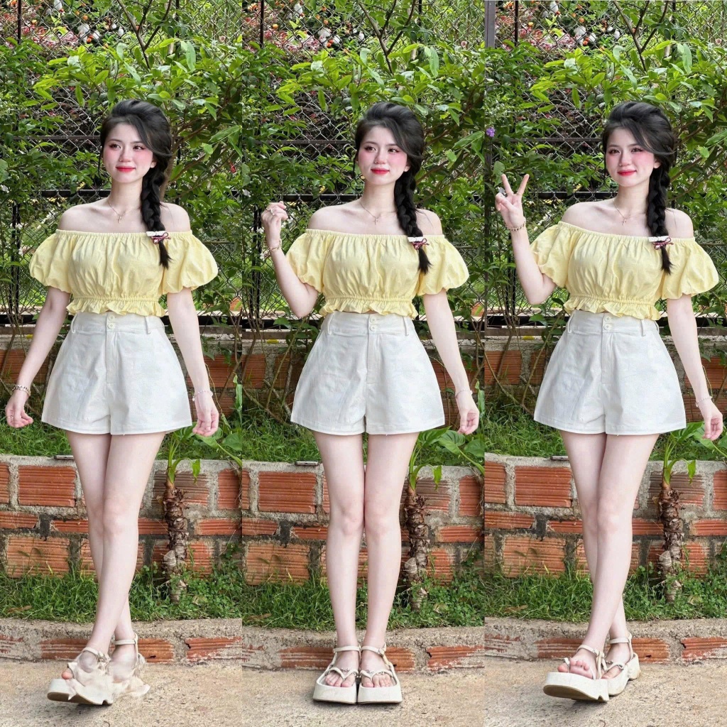 Set bộ kaki - Set bộ ngắn đáng iu cho nàng hẹn hò, đi chơi, set đũi hàn áo vàng bèo trễ vai tay búp 
