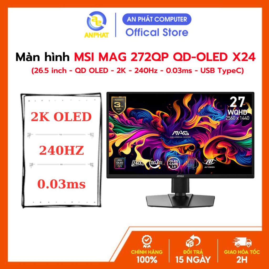 [ BHJ36 Tháng ] Màn hình MSI MAG 272QP QD-OLED X24 (26.5 inch - QD OLED - 2K - 240Hz - 0.03ms - USB 