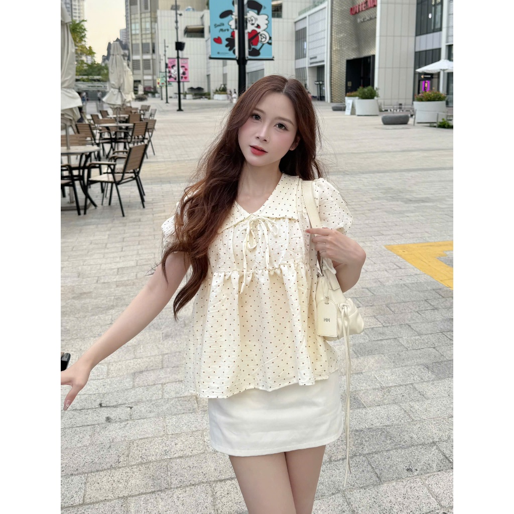Áo sơ mi babydoll chấm bi cổ bẻ phối nơ mặc đi làm đi chơi thoải mái (kèm quà tặng) AOT125 | BigBuy360 - bigbuy360.vn