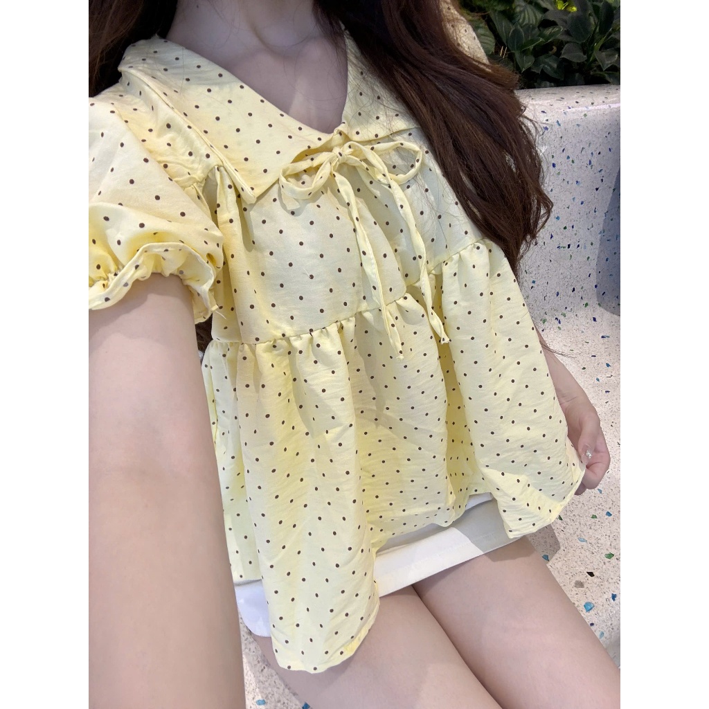 Áo sơ mi babydoll chấm bi cổ bẻ phối nơ mặc đi làm đi chơi thoải mái (kèm quà tặng) AOT125 | BigBuy360 - bigbuy360.vn
