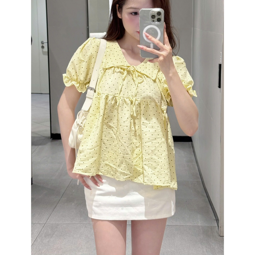 Áo sơ mi babydoll chấm bi cổ bẻ phối nơ mặc đi làm đi chơi thoải mái (kèm quà tặng) AOT125 | BigBuy360 - bigbuy360.vn