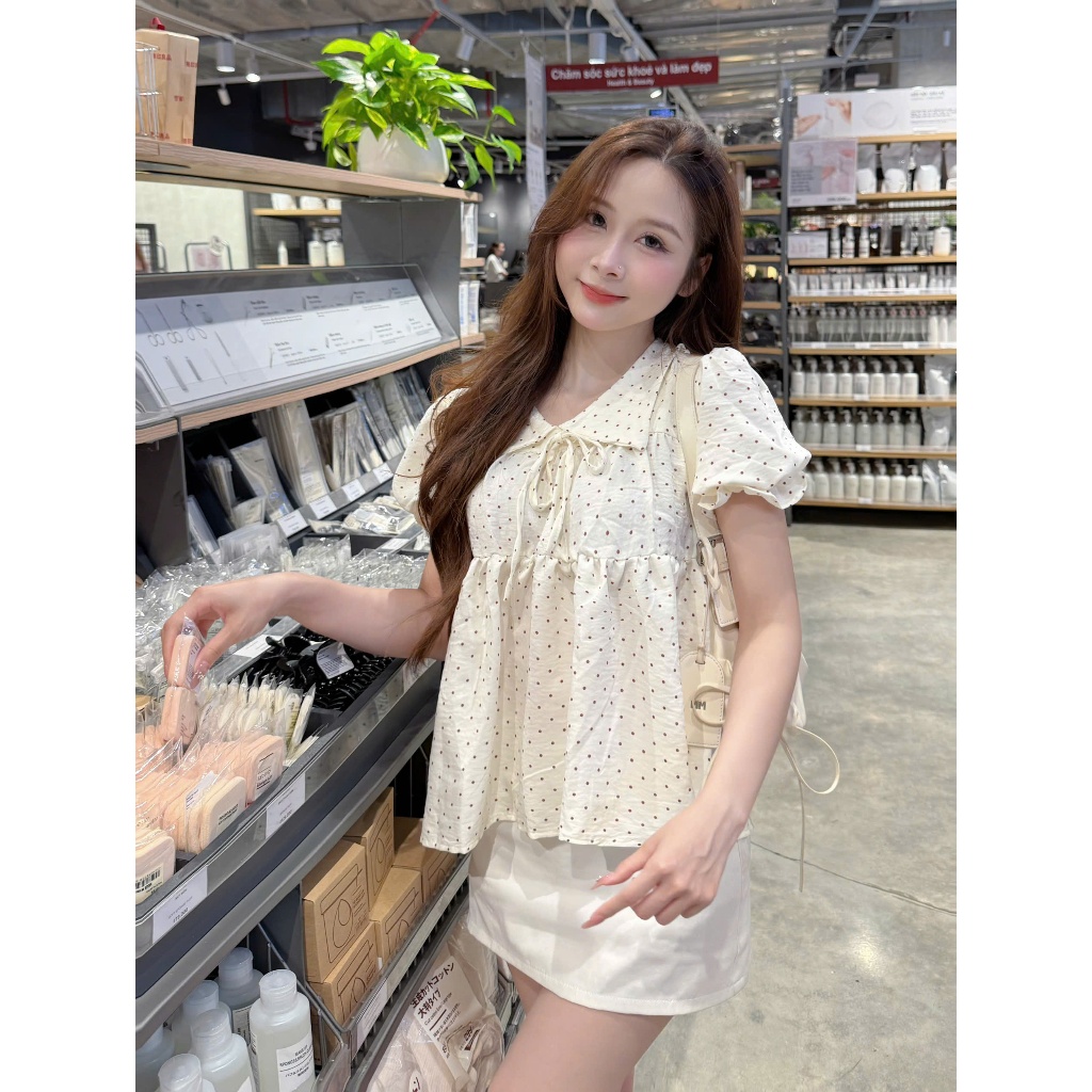 Áo sơ mi babydoll chấm bi cổ bẻ phối nơ mặc đi làm đi chơi thoải mái (kèm quà tặng) AOT125 | BigBuy360 - bigbuy360.vn