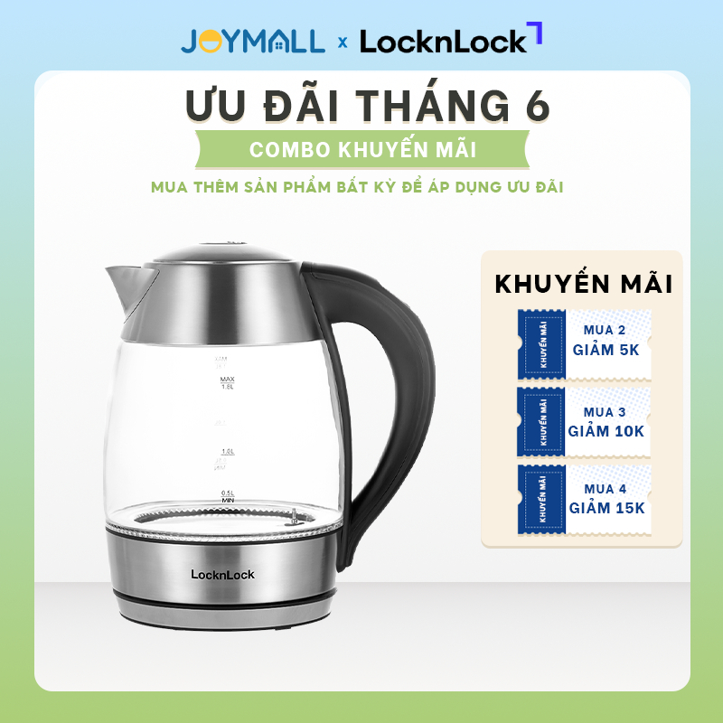 Ấm đun siêu tốc LocknLock thủy tinh EJK341 1.8L ,Hàng chính hãng có điều chỉnh nhiệt độ sôi -JoyMall