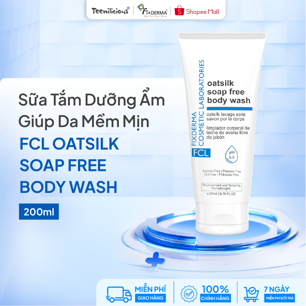 [Fixderma] Sữa Tắm Dưỡng Ẩm, Giúp Da Mềm Mịn FCL Oatsilk Soap Free Body Wash 200ml, Phù Hợp Da Khô