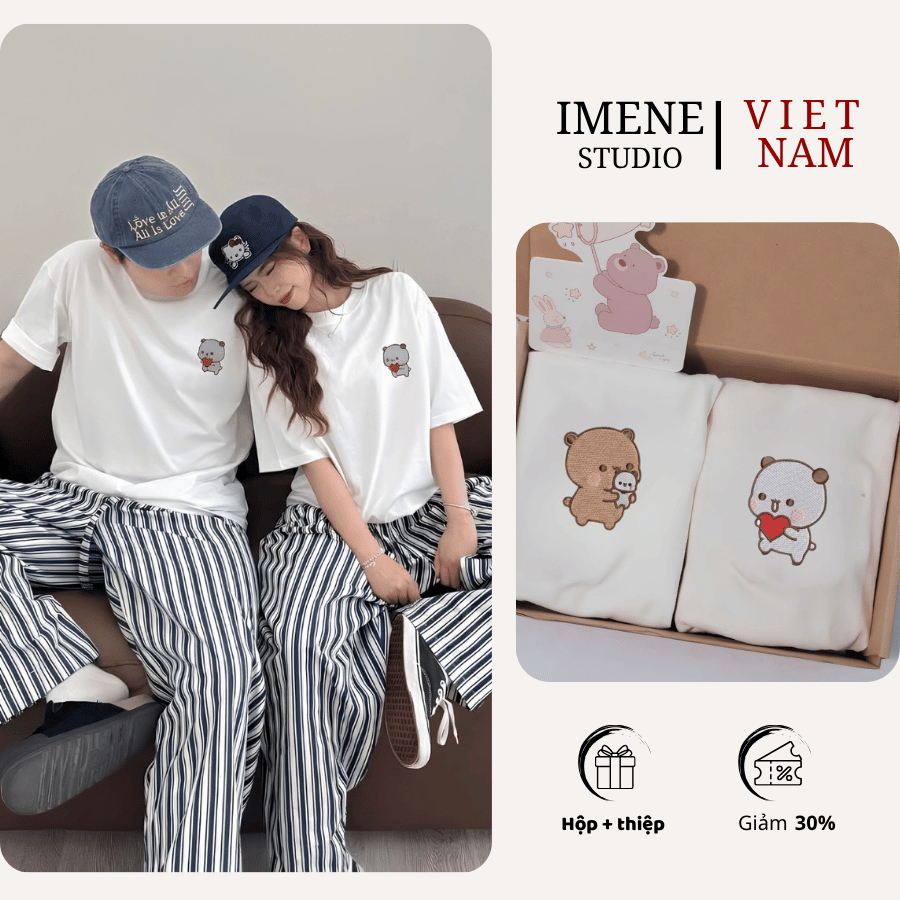 Áo phông THÊU cặp đôi thêu, áo thun couple thêu hình dễ thương, áo tay lỡ chất vải dày dặn cotton ( 