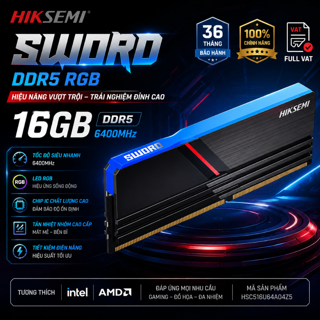 RAM HIKSEMI Sword 16GB RGB DDR5 6400MHz (Đen, HSC516U64A04Z5) - BH 36 tháng