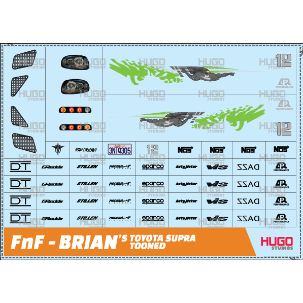 Hugo Studios Decal trượt nước Fast And Furious Toyota Supra Tooned Brian tỉ lệ 1/64 chưa phủ clear