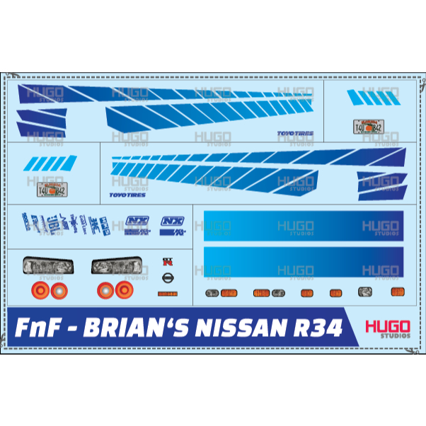 Hugo Studios Decal trượt nước Fast And Furious Nissan R34 Brian tỉ lệ 1/64 chưa phủ clear