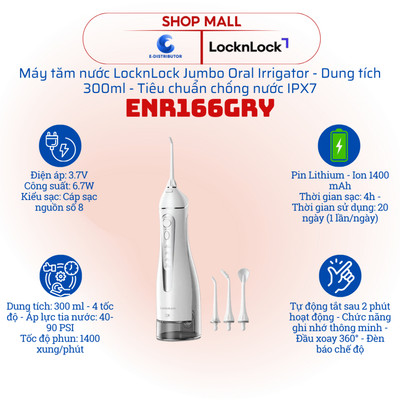 [HỎA TỐC] Tăm nước LocknLock Jumbo Oral Irrigator ENR166GRY - Chống nước IPX7 - Dung tích 300ml