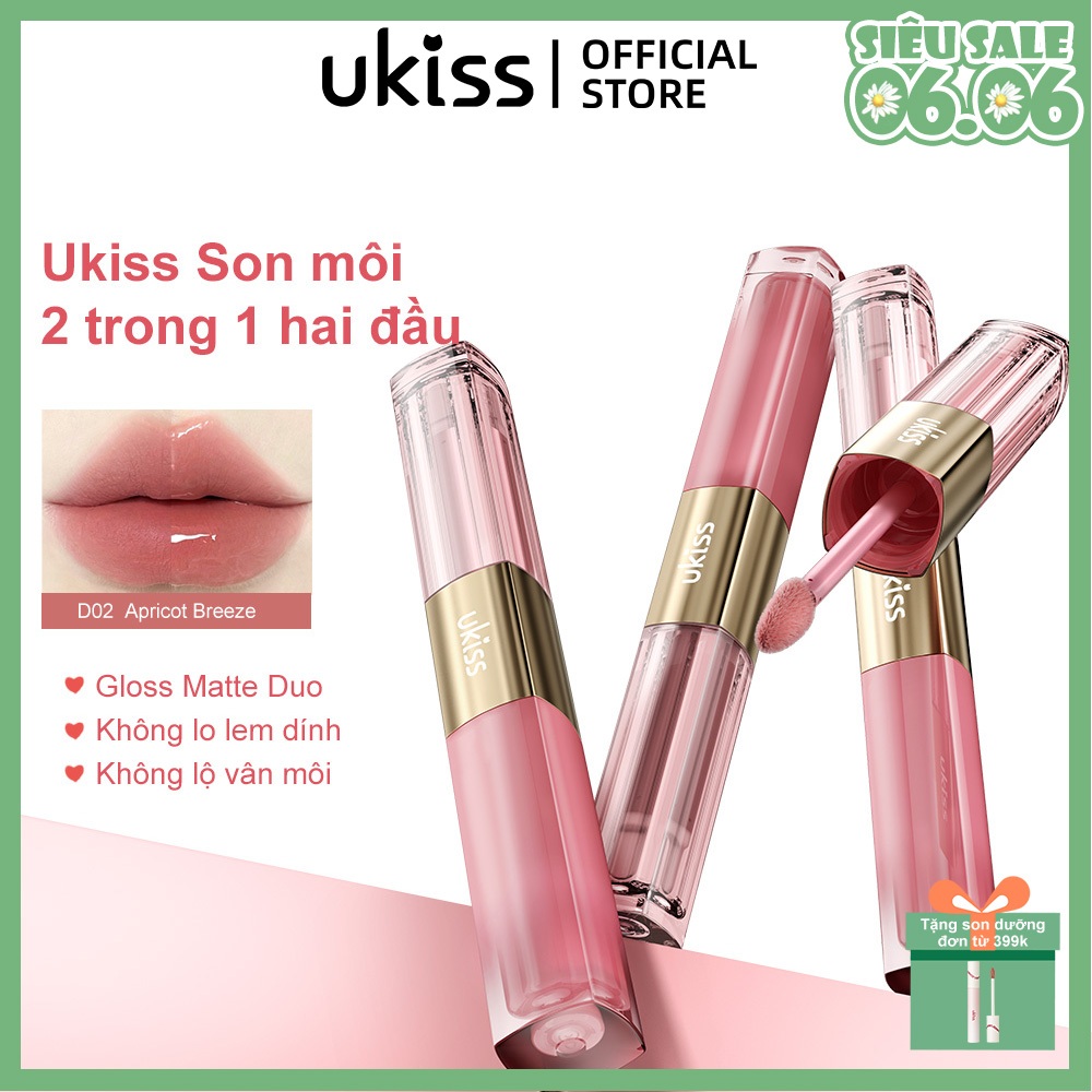 Ukiss Son môi hai đầu giữ màu lâu Sáng da tự nhiên Hiệu ứng căng bóng Không dễ dính cốc 2g+2g