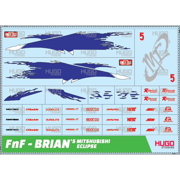 Hugo Studios Decal trượt nước Fast And Furious FnF Mishubishi Eclipsse Brian tỉ lệ 1/64 chưa phủ cle