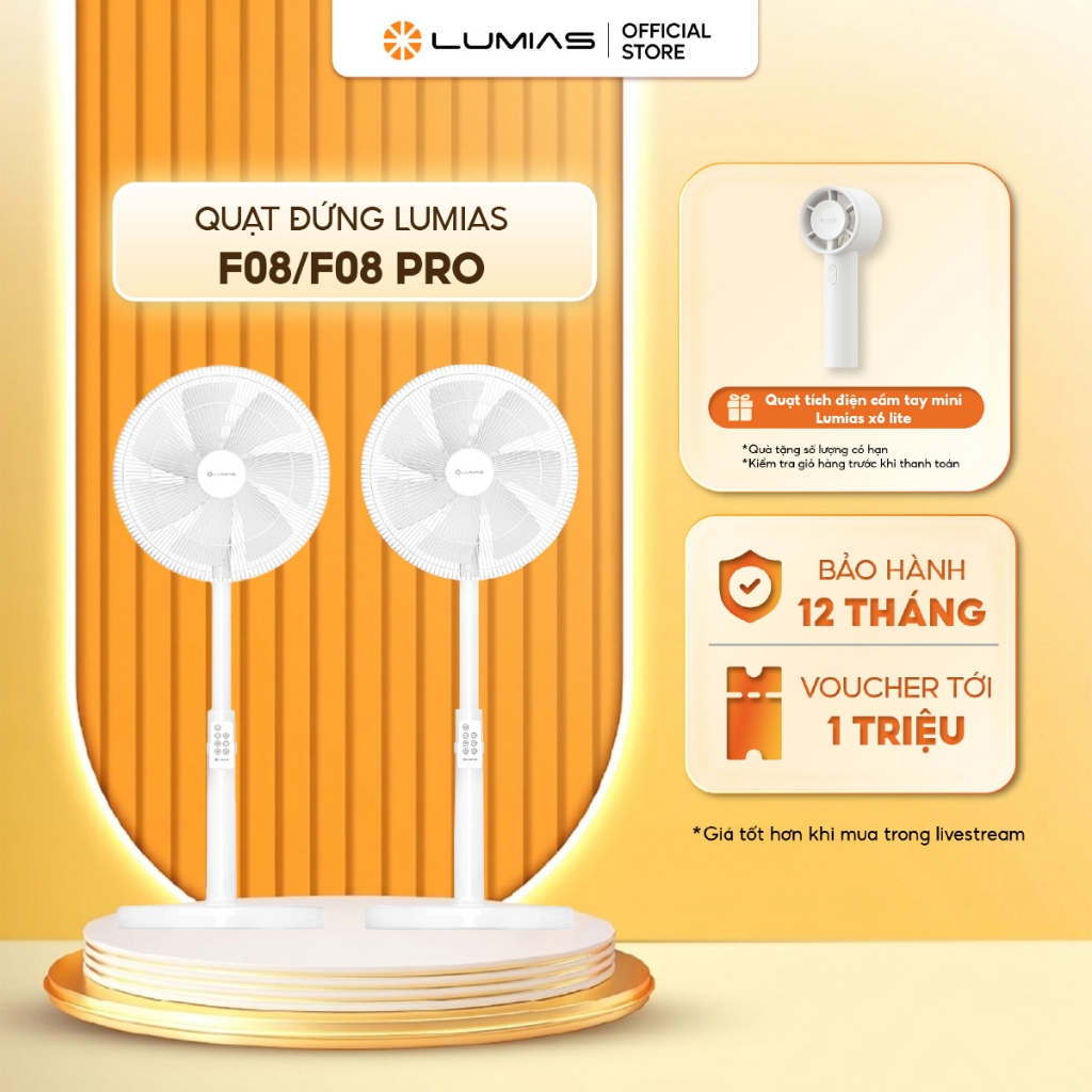 Quạt đứng Lumias màu trắng F08/F08 Pro - 28W, 7 cấp độ gió, kết nối wifi, có remote điều khiển từ xa