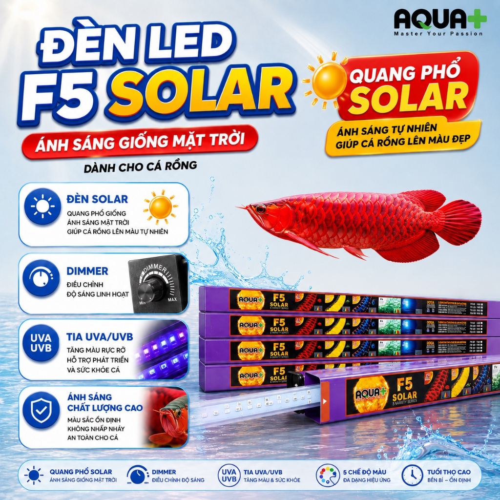 Đèn LED AQUA+ 5 chế độ màu F5 SOLAR cho bể cá rồng, cá chép phi tần, cá lóc cảnh, cá vàng(có dimmer)