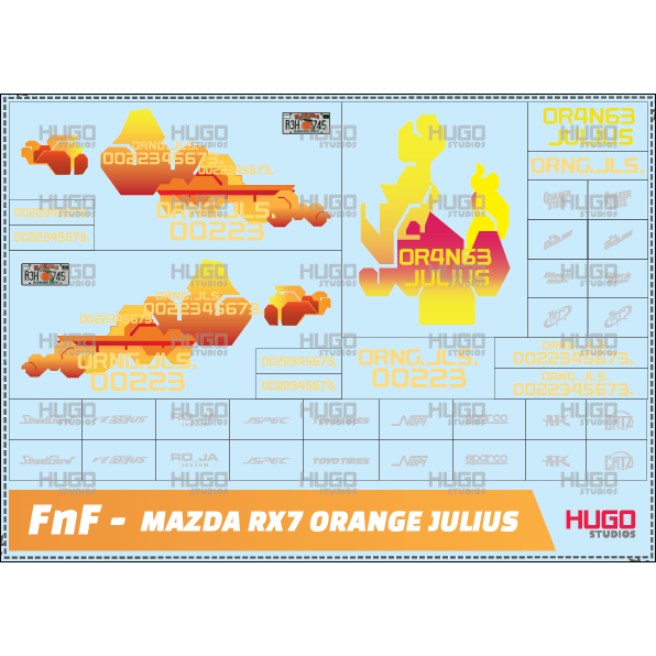 Hugo Studios Decal trượt nước Fast And Furious Mazda RX7 Orange Julius tỉ lệ 1/64 chưa phủ clear