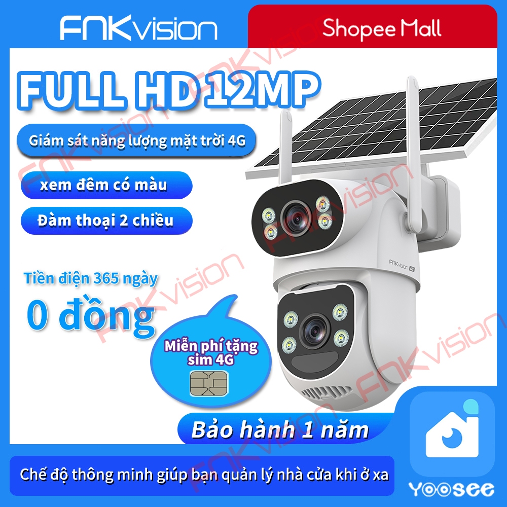 [FNKvision] Camera năng lượng mặt trời sử dụng sim 4G 2 mắt Yoosee tích hợp sẵn sim 4G không cần Wi-