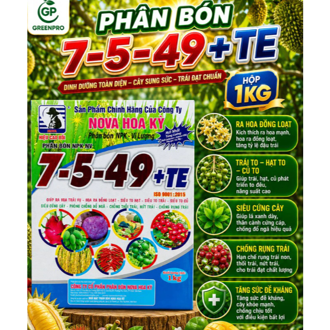 PHÂN BÓN LÁ 7-5-49 +TE NOVA HOA KỲ CAO BỒI MỸ HỘP 1KG