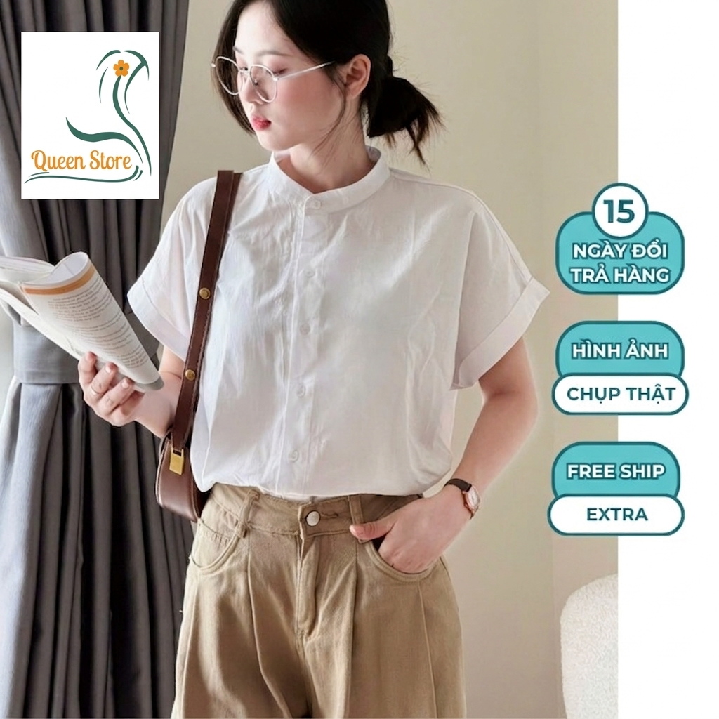 Áo Sơ Mi Nữ Cổ Trụ SM21 Chất Vải Thô Mềm Áo Sơ Mi Cổ Tàu Kiểu Dáng Basic Tôn Dáng Xinh Cho Các Nàng