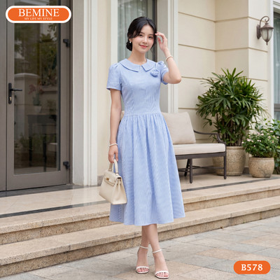 Đầm thiết kế BEMINE cổ sen khóa kéo trước hoạ tiết sọc dáng dài phù hợp đi làm-B578