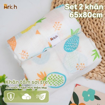 Khăn tắm sợi tre, set 2 Khăn tắm hoạ tiết mới Arich vải sợi tre cho bé kích thước 65x80cm