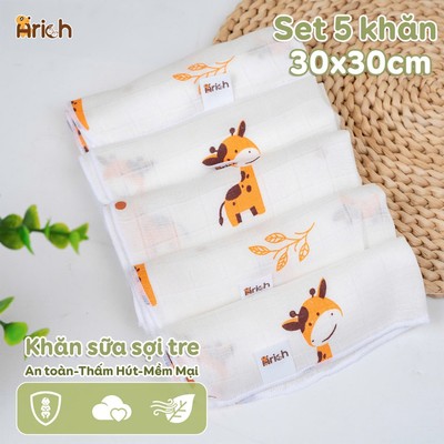 Khăn sữa sợi tre arich, sét 5 khăn sữa họa tiết mới, cao cấp, mềm, mịn cho bé kích thước 30x30cm