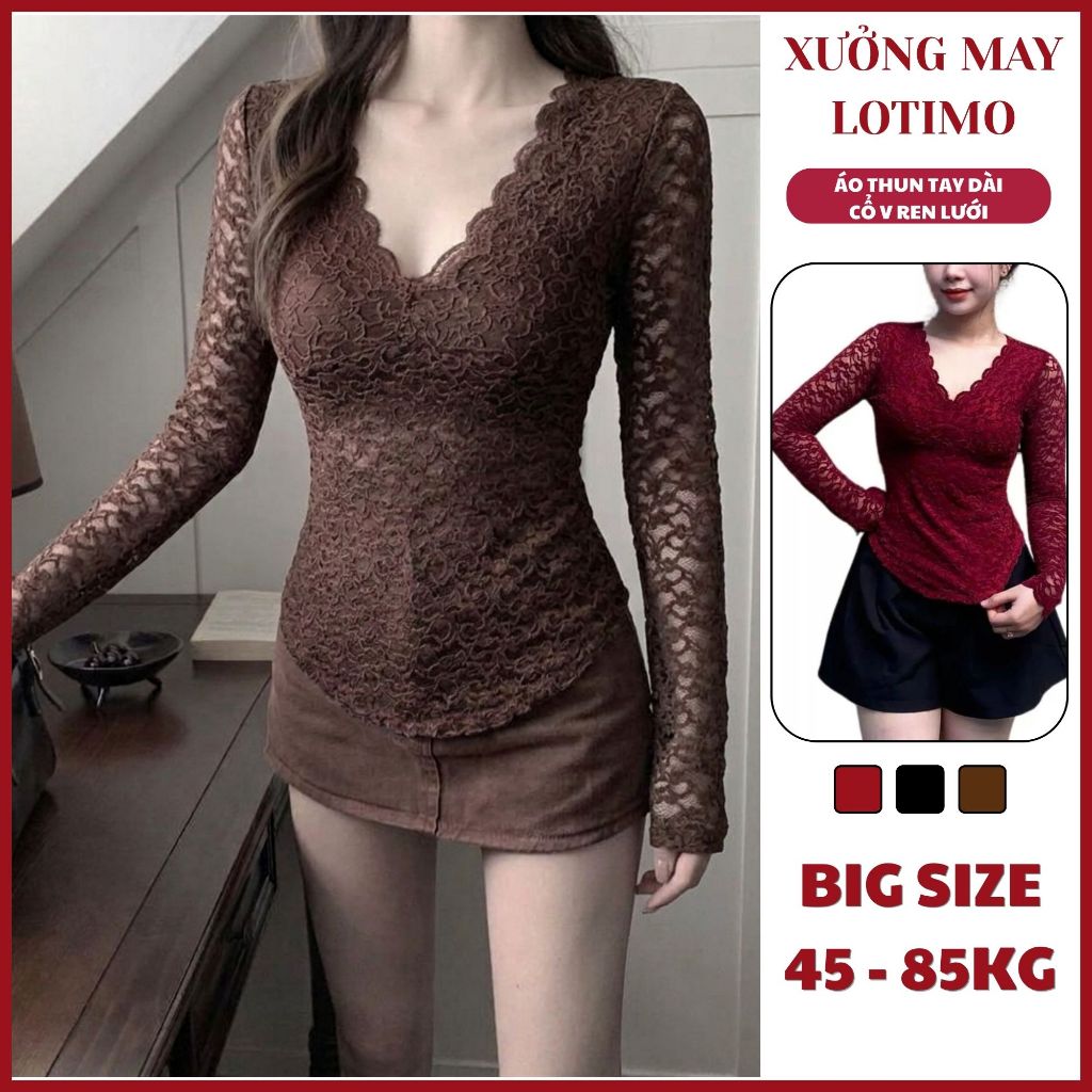 Áo Thun Nữ Tay Dài Bigsize Ren Lưới Cổ V Ôm Body Tôn Dáng Áo Kiểu Nữ Thời Trang LOTIMO MS273