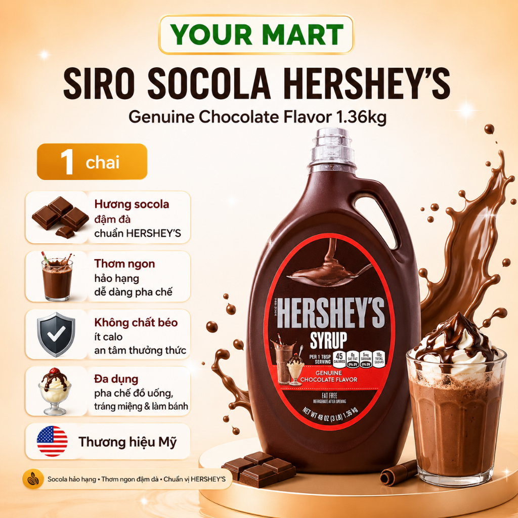 Sốt Topping Siro Socola Nguyên Chất Hershey's Syrup Chocolate 1.36kg Hàng Nhập Mỹ