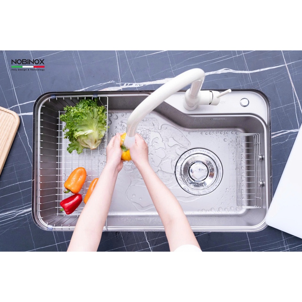 Chậu rửa 1 hố Nobinox NOVA A182 + Vòi rửa BIANCO NX601 ( Tặng Bộ Nồi PLANUM NX800 ):