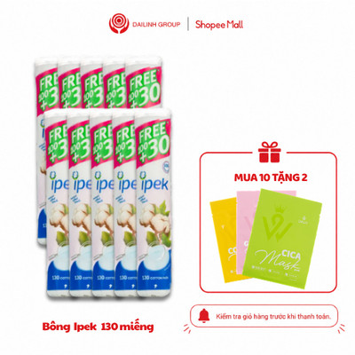 [Tặng 2 mặt nạ] Combo 10 bông tẩy trang Ipek 130 miếng cotton 100% tự nhiên Thổ Nhĩ Kỳ