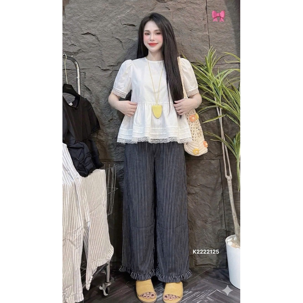 🎀🎀SET XUÔNG QUẦN SỌC ÁO VOAN VIỀN REN BABYDOLL  SIU HOT✅ Chất kate áo voan lụa.