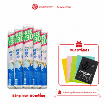 Combo 5 bông tẩy trang Ipek Thổ Nhĩ Kỳ 100% nature 150 miếng (5x150miếng)  TẶNG mặt dạ Hàn Quốc