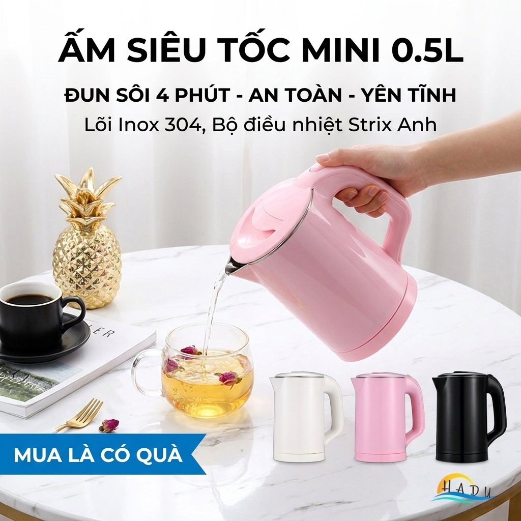 Bình Ấm Đun Nước Siêu Tốc Mini 500ML Inox 304 Tự Ngắt An Toàn Chống Bỏng Tay CCKO