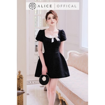 Váy Dự Tiệc Chất Chéo Nhũ Alice Cao Cấp, Đầm Ngắn Chữ A Cổ Vuông Phối Nơ Trắng Nổi Bật V1475